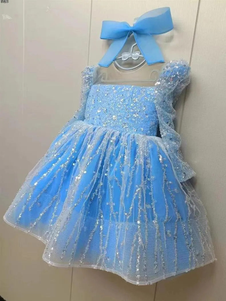 2-12 yrs Girls elegant sequined princess dressfor  birthday long sleeve wedding party dress
