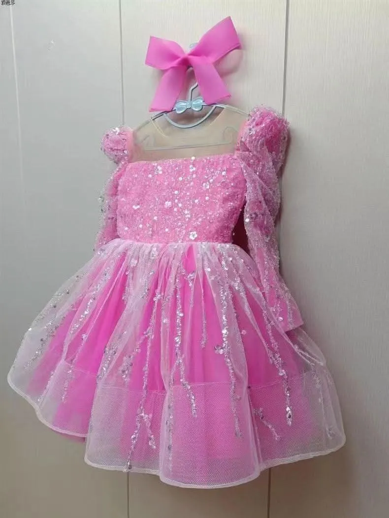 2-12 yrs Girls elegant sequined princess dressfor  birthday long sleeve wedding party dress