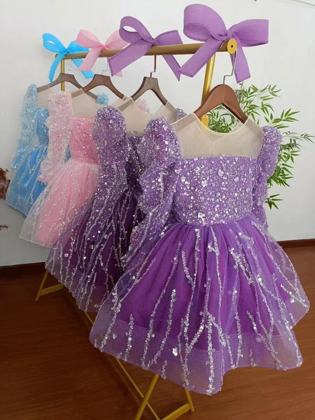 2-12 yrs Girls elegant sequined princess dressfor  birthday long sleeve wedding party dress