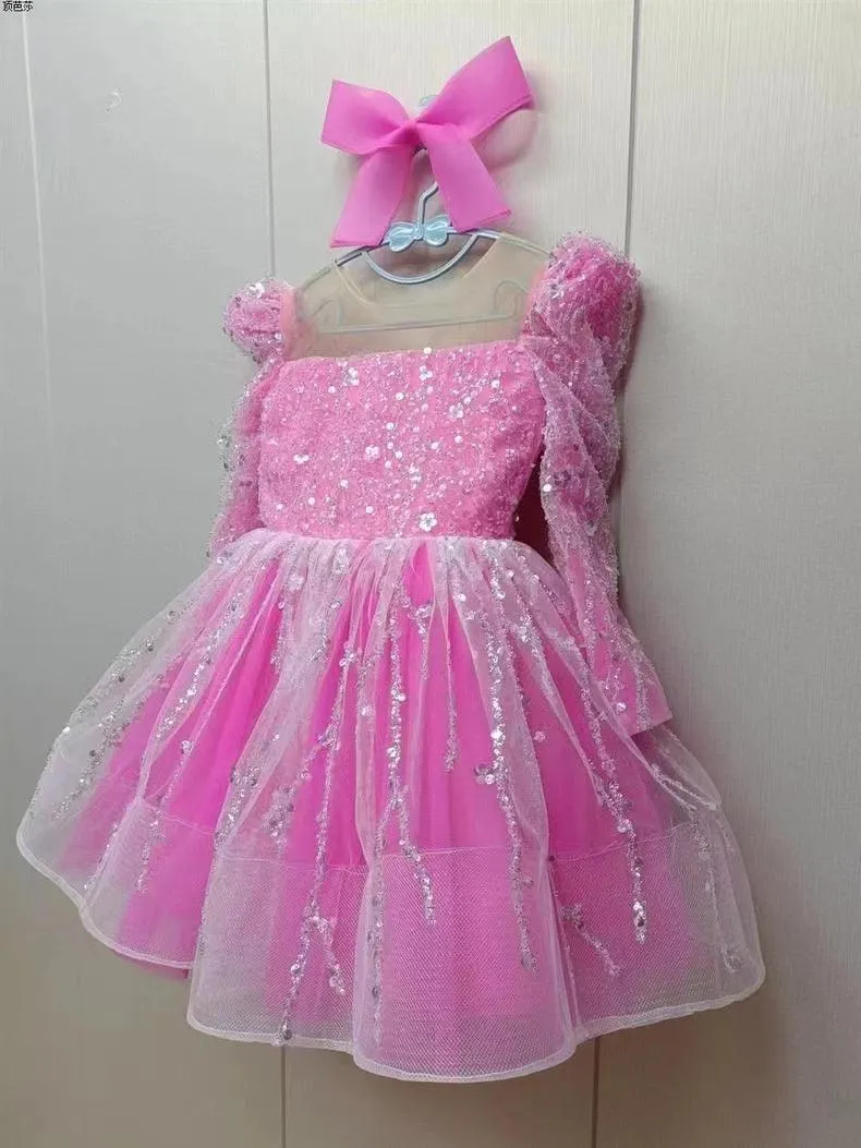 2-12 yrs Girls elegant sequined princess dressfor  birthday long sleeve wedding party dress