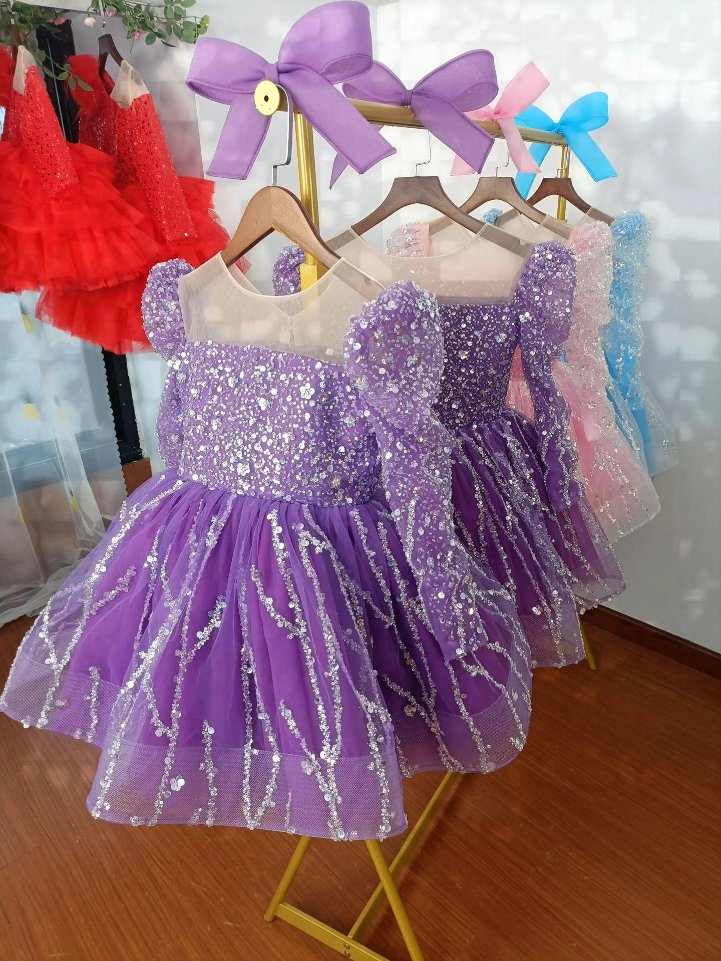 2-12 yrs Girls elegant sequined princess dressfor  birthday long sleeve wedding party dress