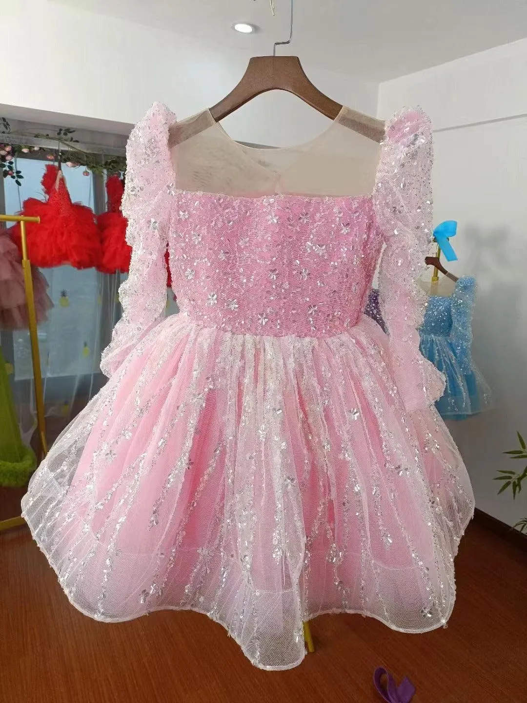 2-12 yrs Girls elegant sequined princess dressfor  birthday long sleeve wedding party dress