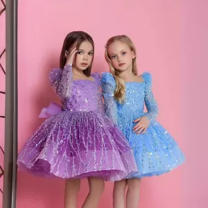 2-12 yrs Girls elegant sequined princess dressfor  birthday long sleeve wedding party dress
