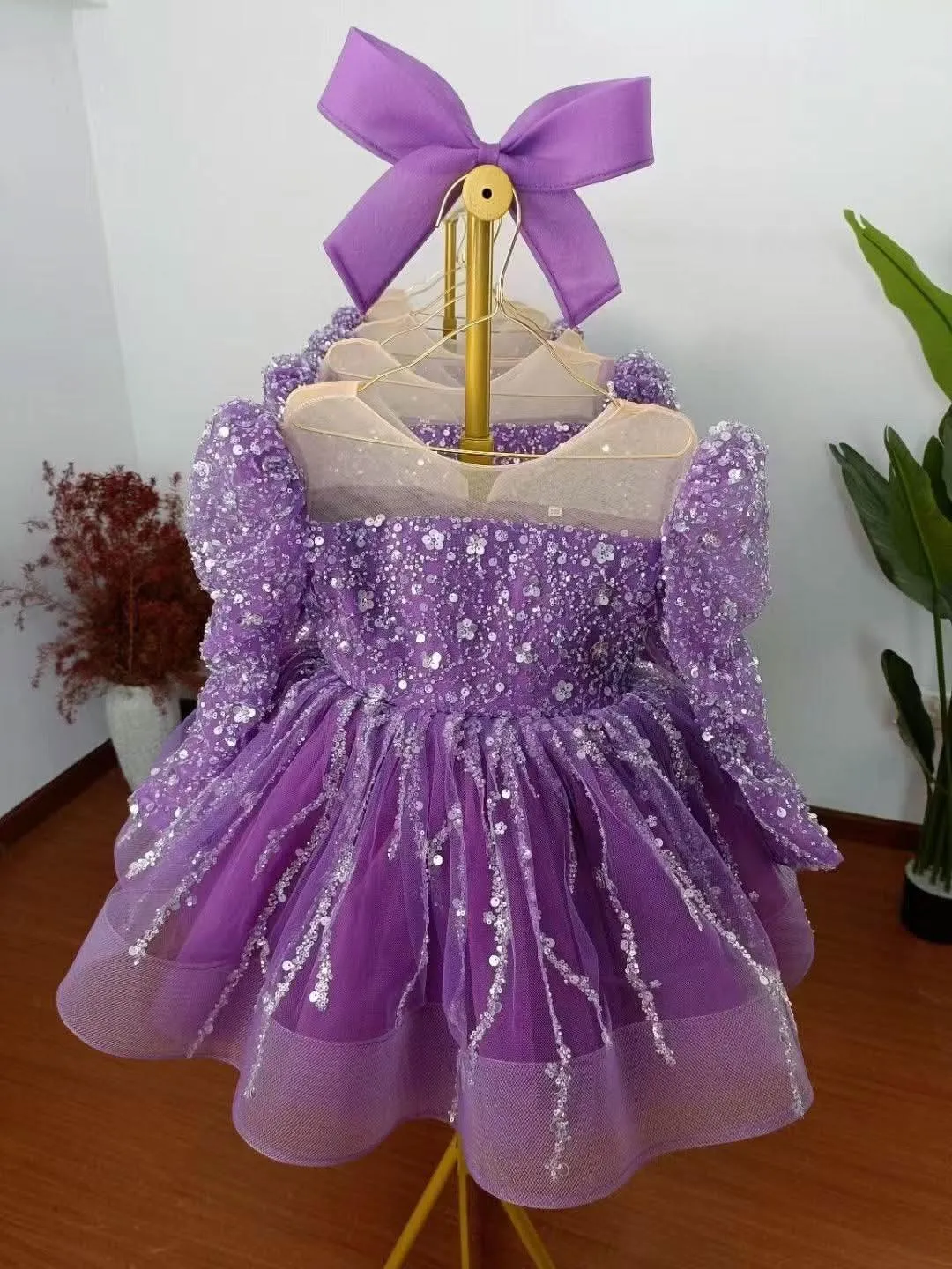 2-12 yrs Girls elegant sequined princess dressfor  birthday long sleeve wedding party dress