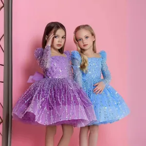 2-12 yrs Girls elegant sequined princess dressfor  birthday long sleeve wedding party dress