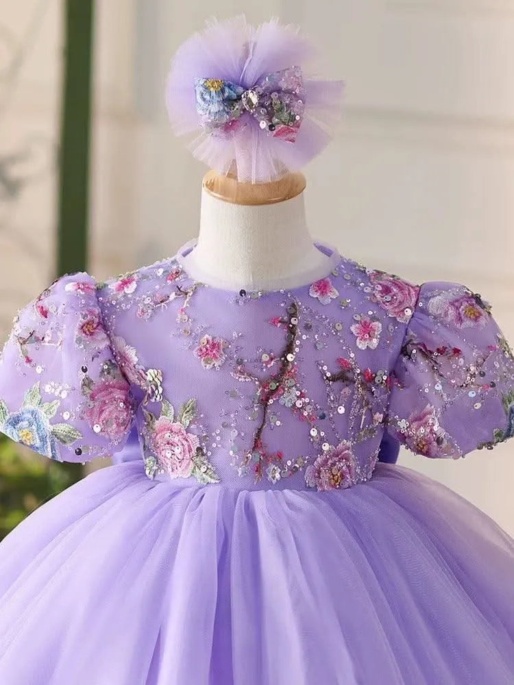 2 pcs Headdress Dress Embroidered puffed sleeve baby birthday party princess dress