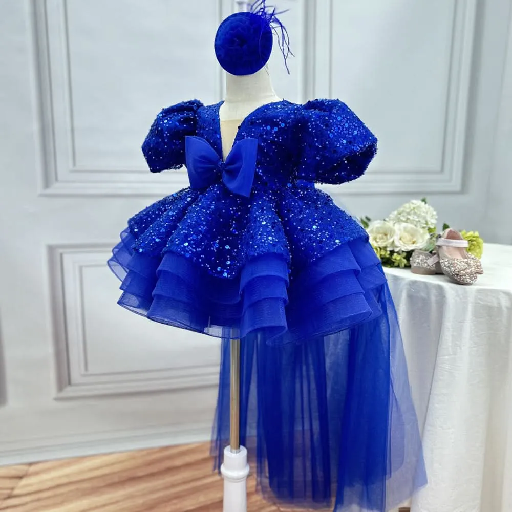 Baby first birthday party puff sleeve tail cute girl princess dress