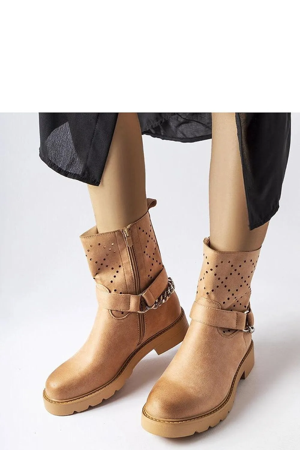 Beige openwork ankle boots with a chain