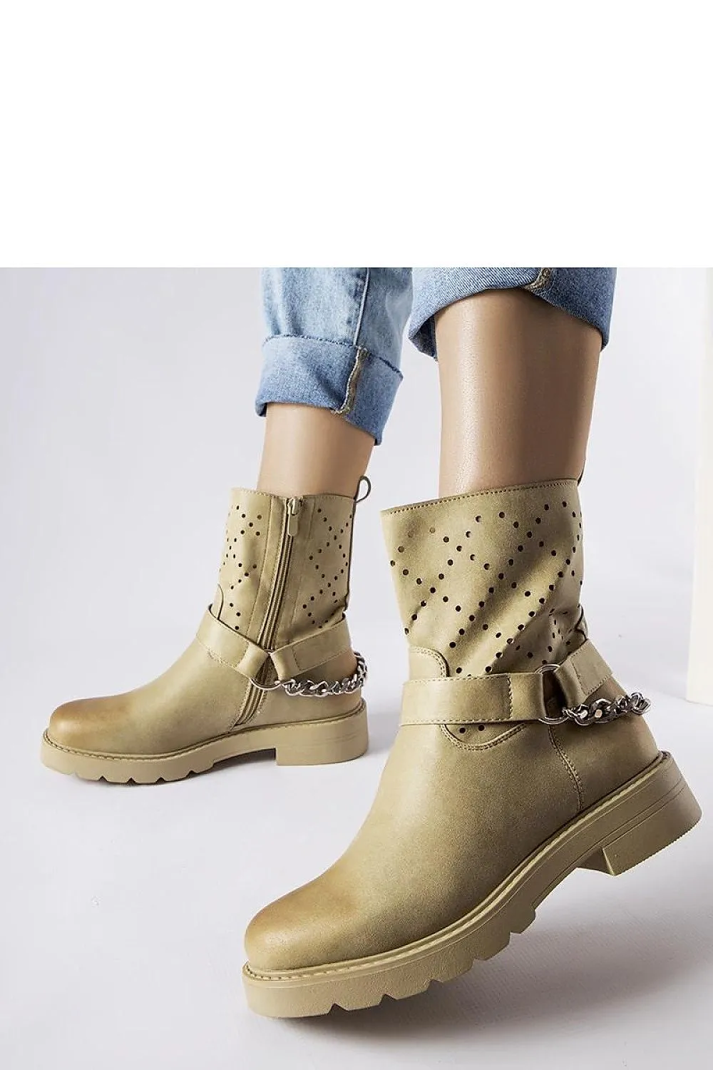 Beige openwork ankle boots with a chain