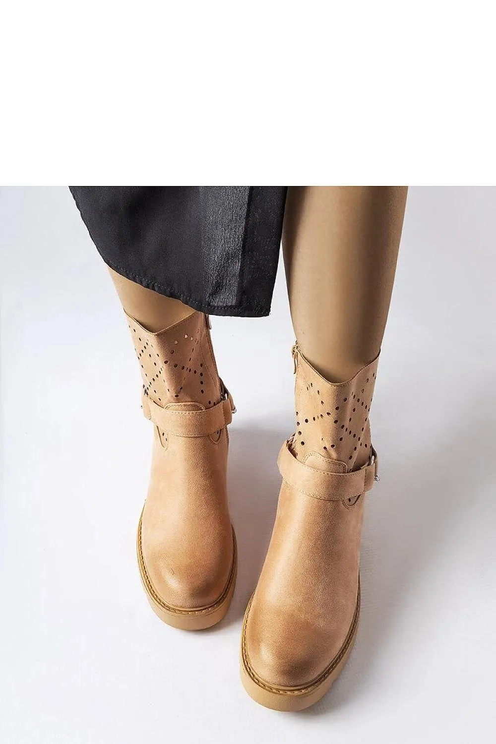 Beige openwork ankle boots with a chain