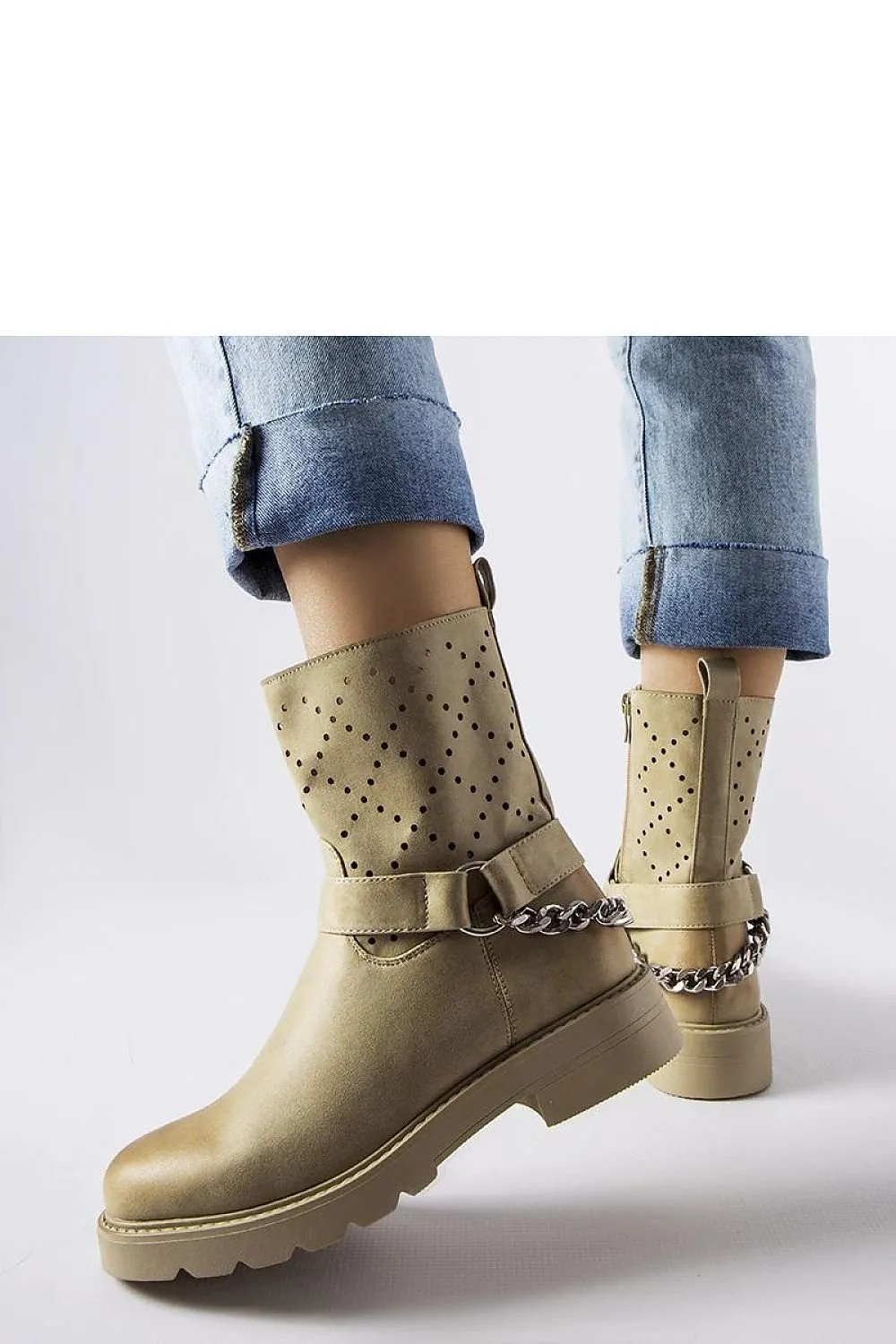 Beige openwork ankle boots with a chain