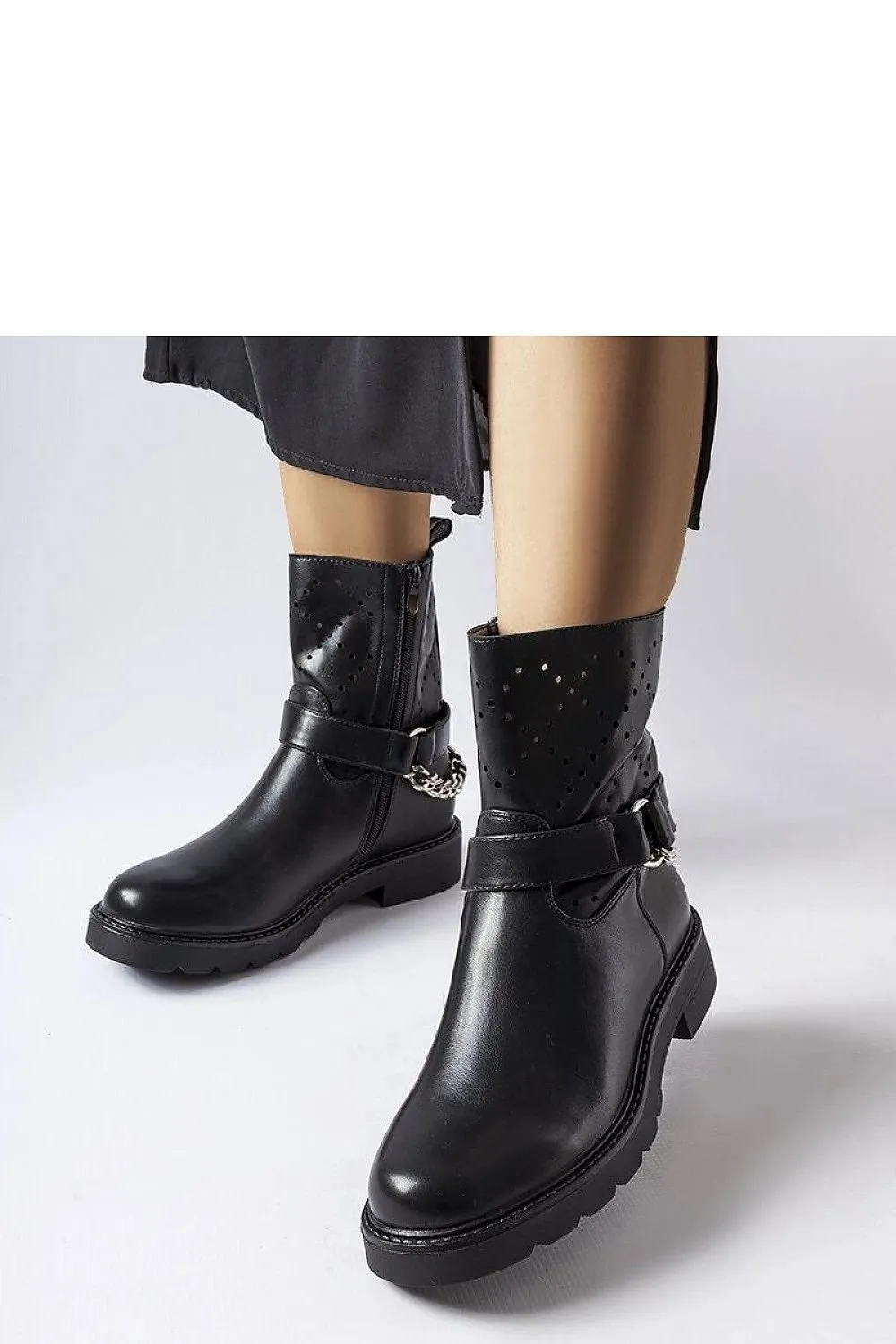 Beige openwork ankle boots with a chain