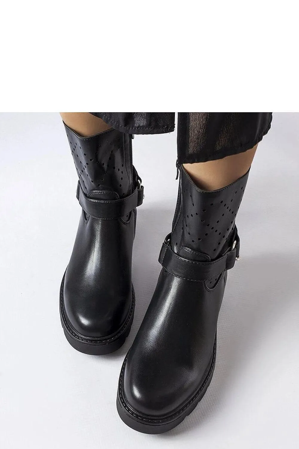 Beige openwork ankle boots with a chain