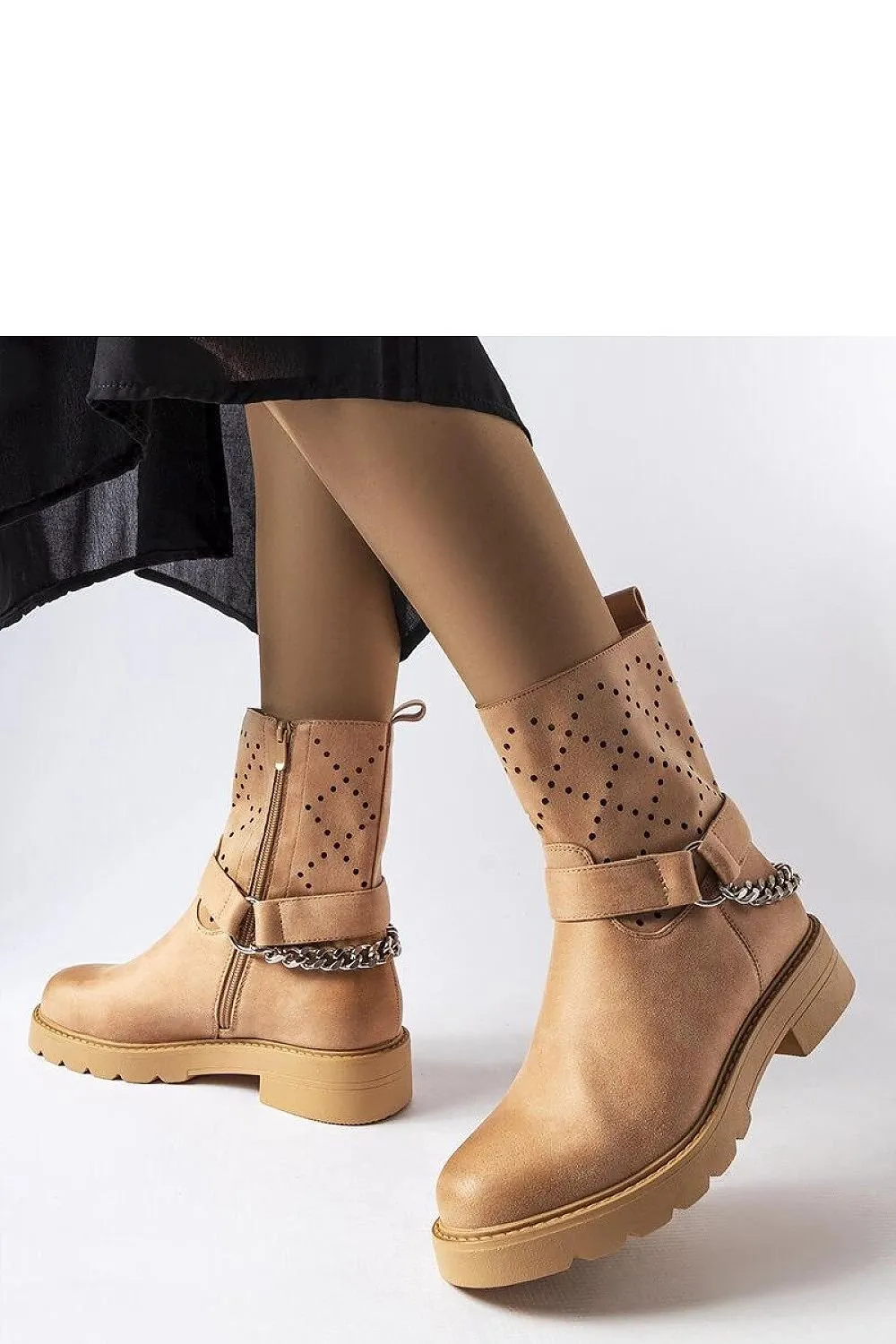 Beige openwork ankle boots with a chain