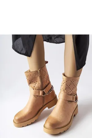 Beige openwork ankle boots with a chain