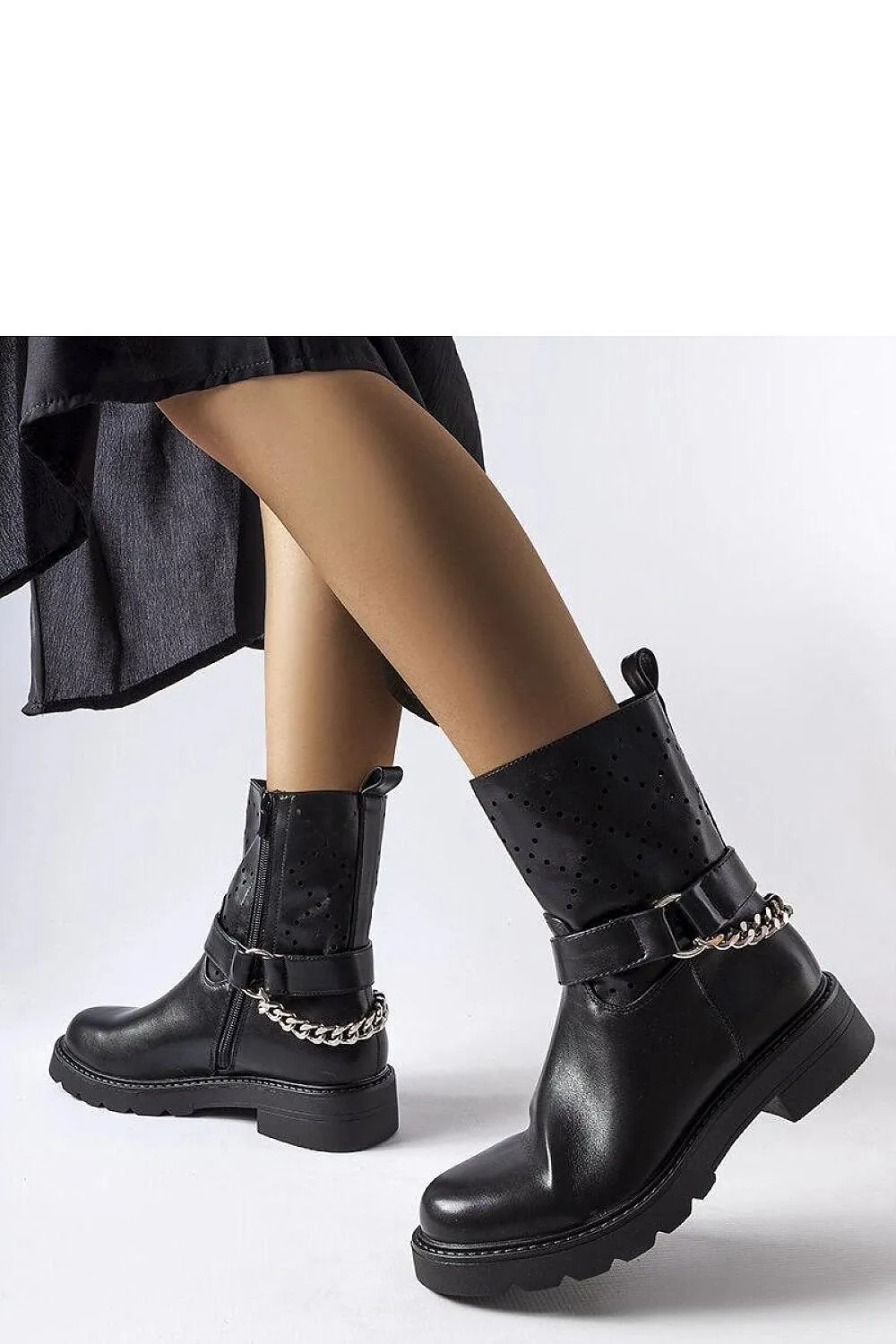 Beige openwork ankle boots with a chain