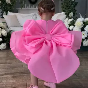 Big bow Baby birthday party puff sleeve tail cute girl princess dress can customizable colors