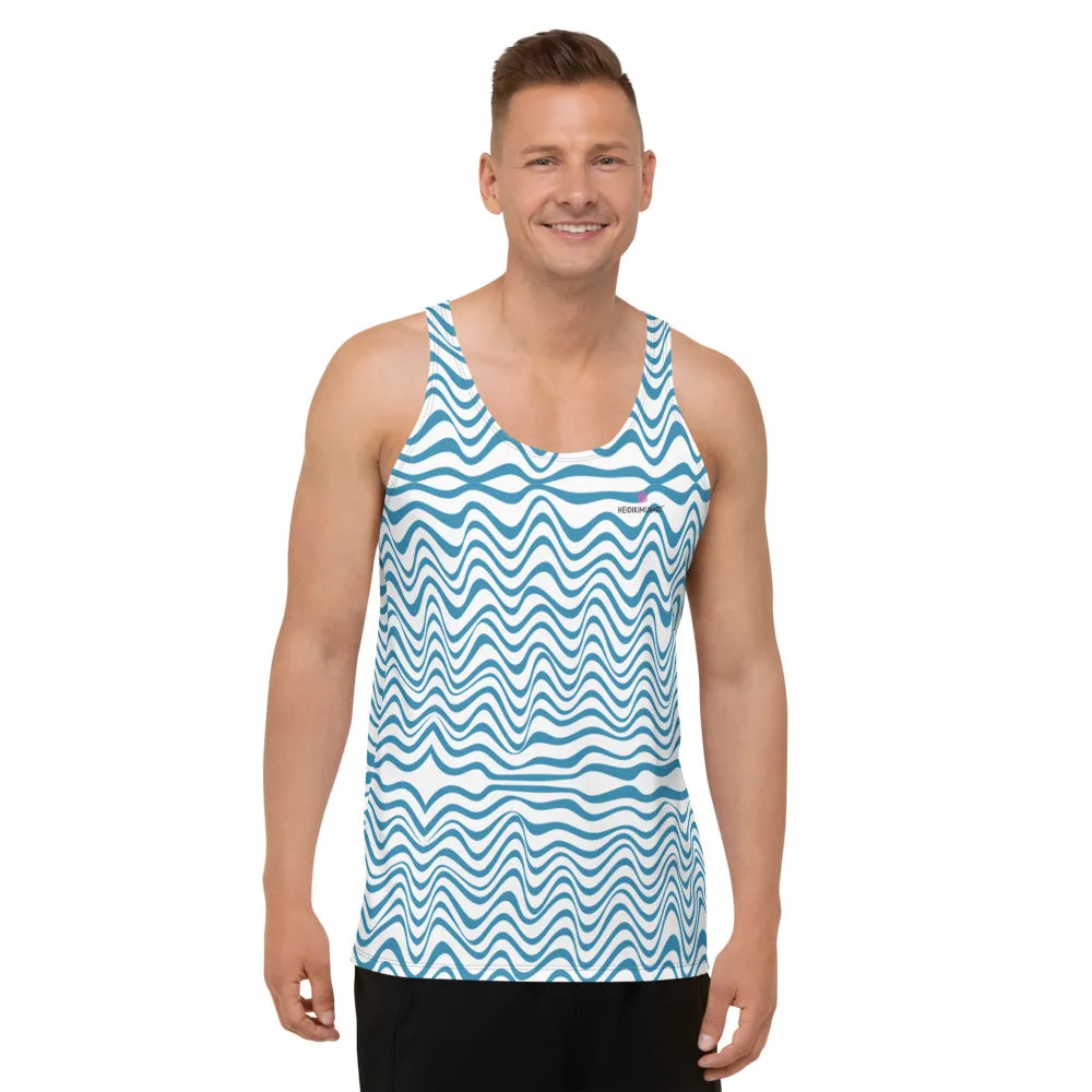 Blue Wavy Unisex Tank Top, Modern Waves White Blue Men's or Women's Tanks-Made in USA/EU