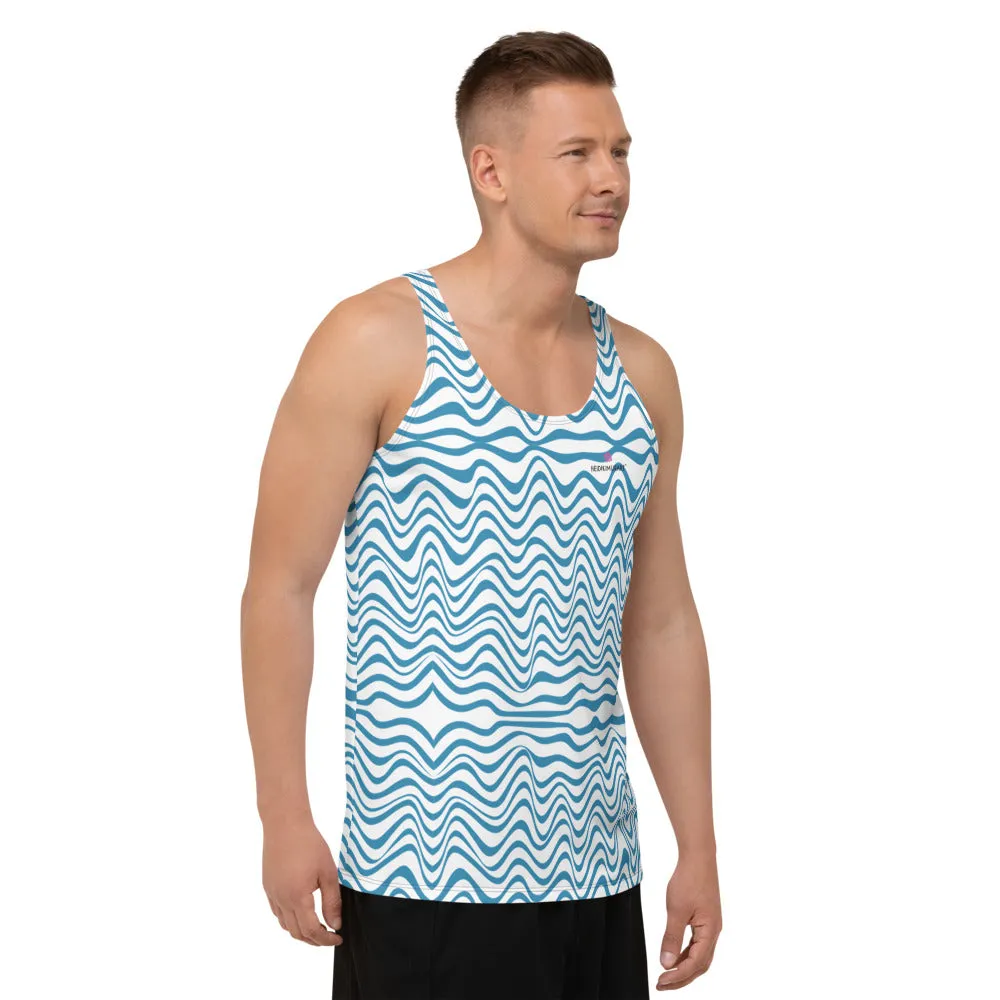 Blue Wavy Unisex Tank Top, Modern Waves White Blue Men's or Women's Tanks-Made in USA/EU