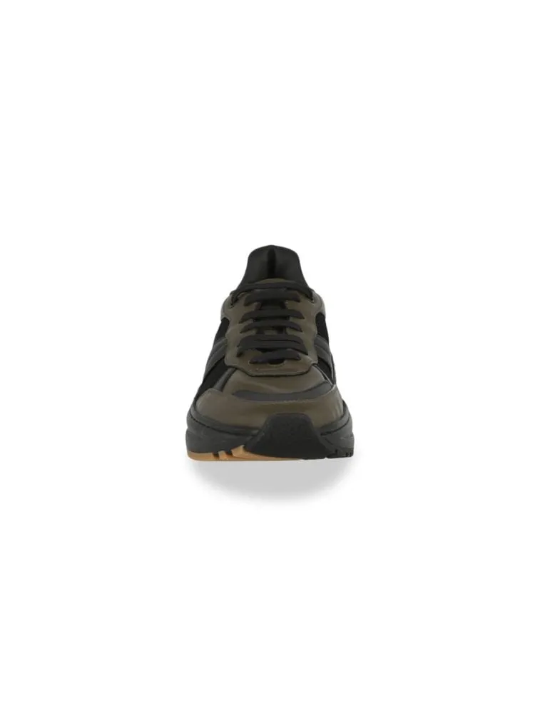 Bottega Veneta Men's Leather and Mesh Speedster Sneaker in Khaki Black