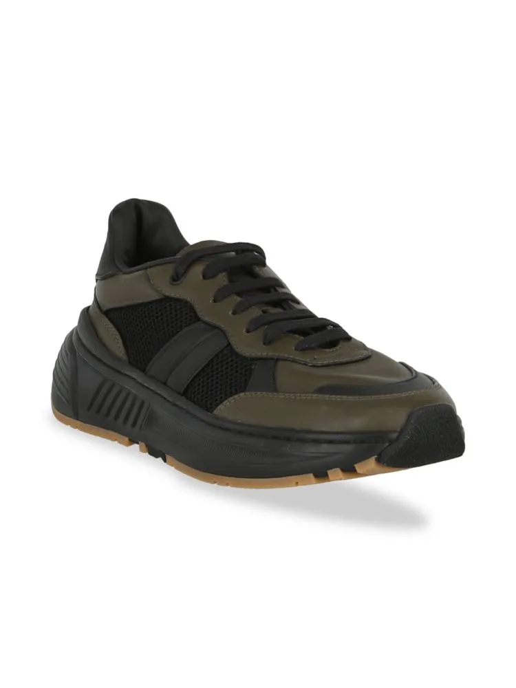 Bottega Veneta Men's Leather and Mesh Speedster Sneaker in Khaki Black