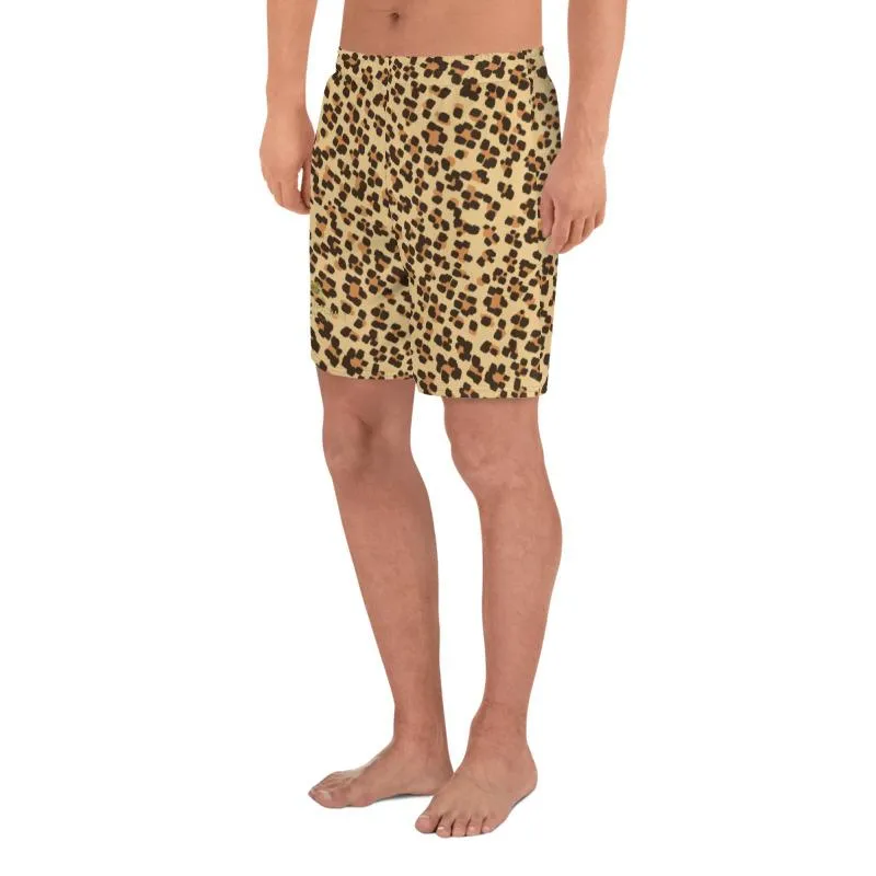 Brown Leopard Men's Shorts, Animal Print Athletic Workout Long Shorts- Made in EU, USA, MX