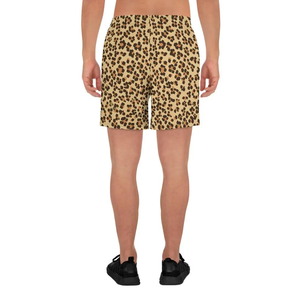 Brown Leopard Men's Shorts, Animal Print Athletic Workout Long Shorts- Made in EU, USA, MX