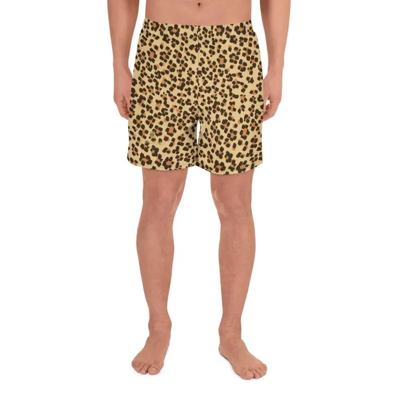 Brown Leopard Men's Shorts, Animal Print Athletic Workout Long Shorts- Made in EU, USA, MX