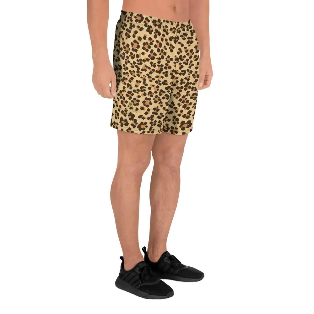 Brown Leopard Men's Shorts, Animal Print Athletic Workout Long Shorts- Made in EU, USA, MX