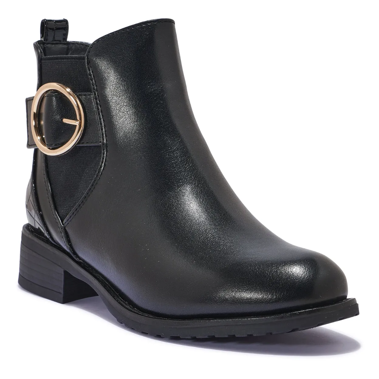 CHAT11 – GOLD DETAILED ANKLE BOOTS WITH LOW BLOCK HEEL