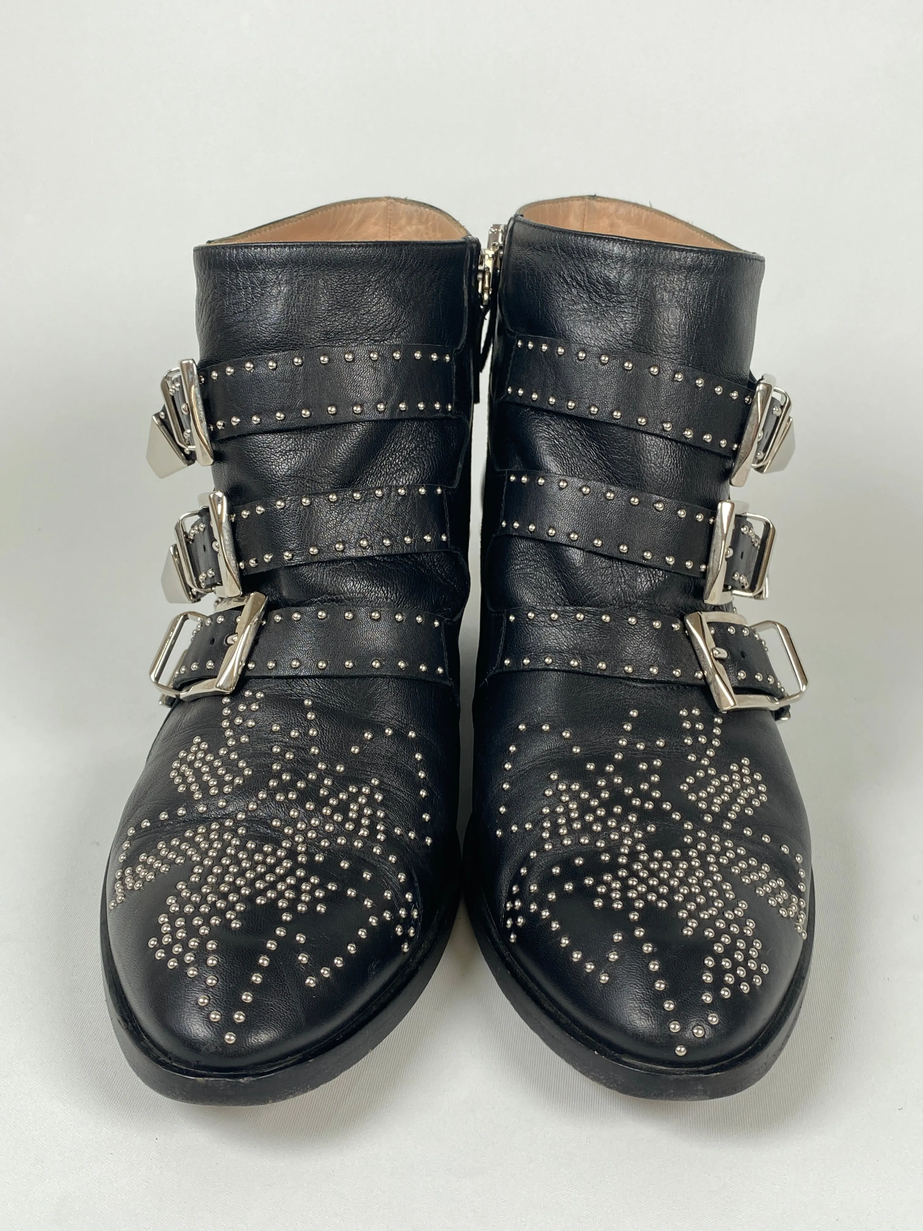 CHLOE - SUSANNA SILVER BLACK LEATHER ANKLE BOOTS - SZ EUR 38