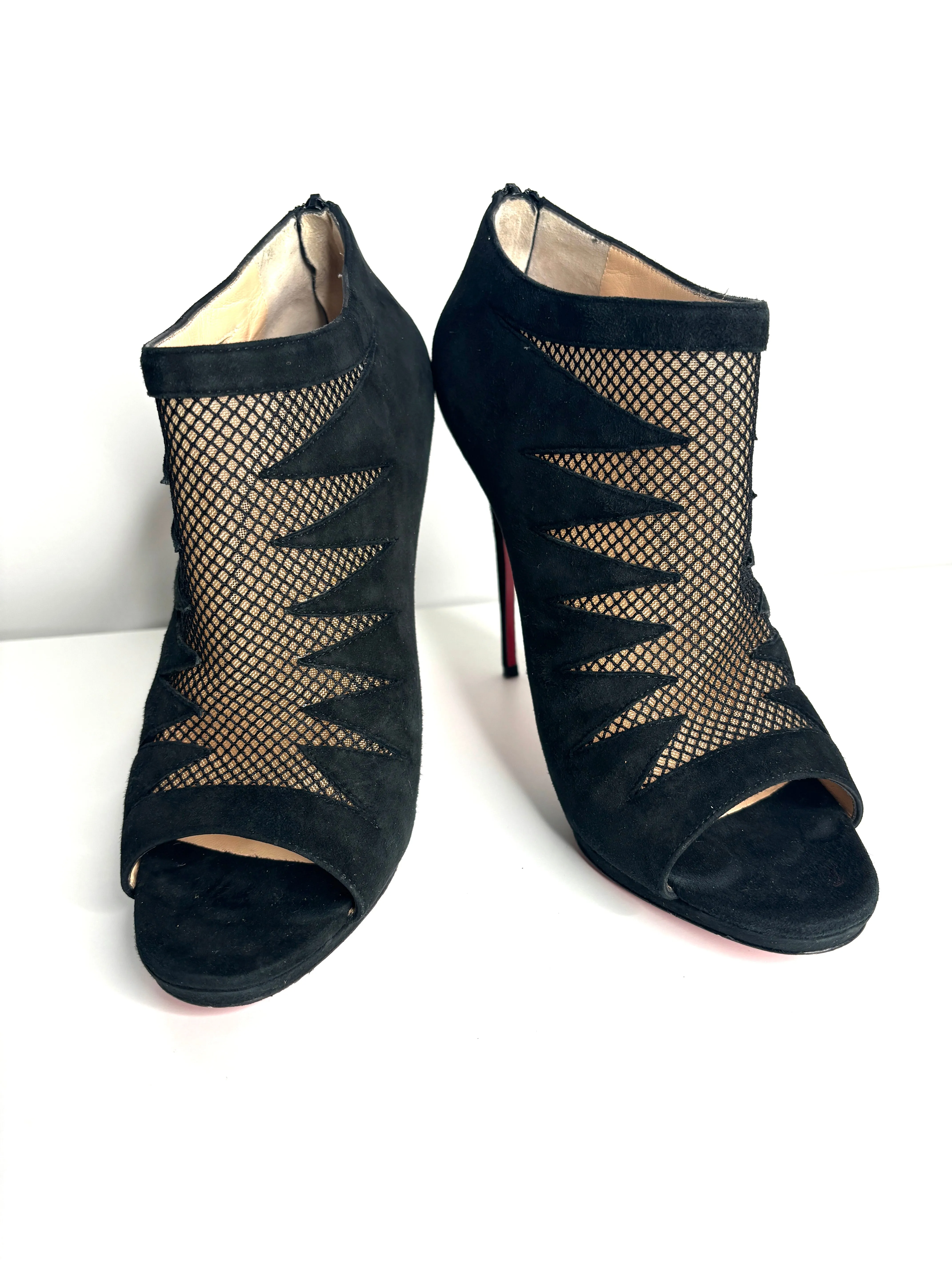 Christian Louboutin Disorder Black Suede Mesh Peep-Toe Booties 41.5 UK8.5