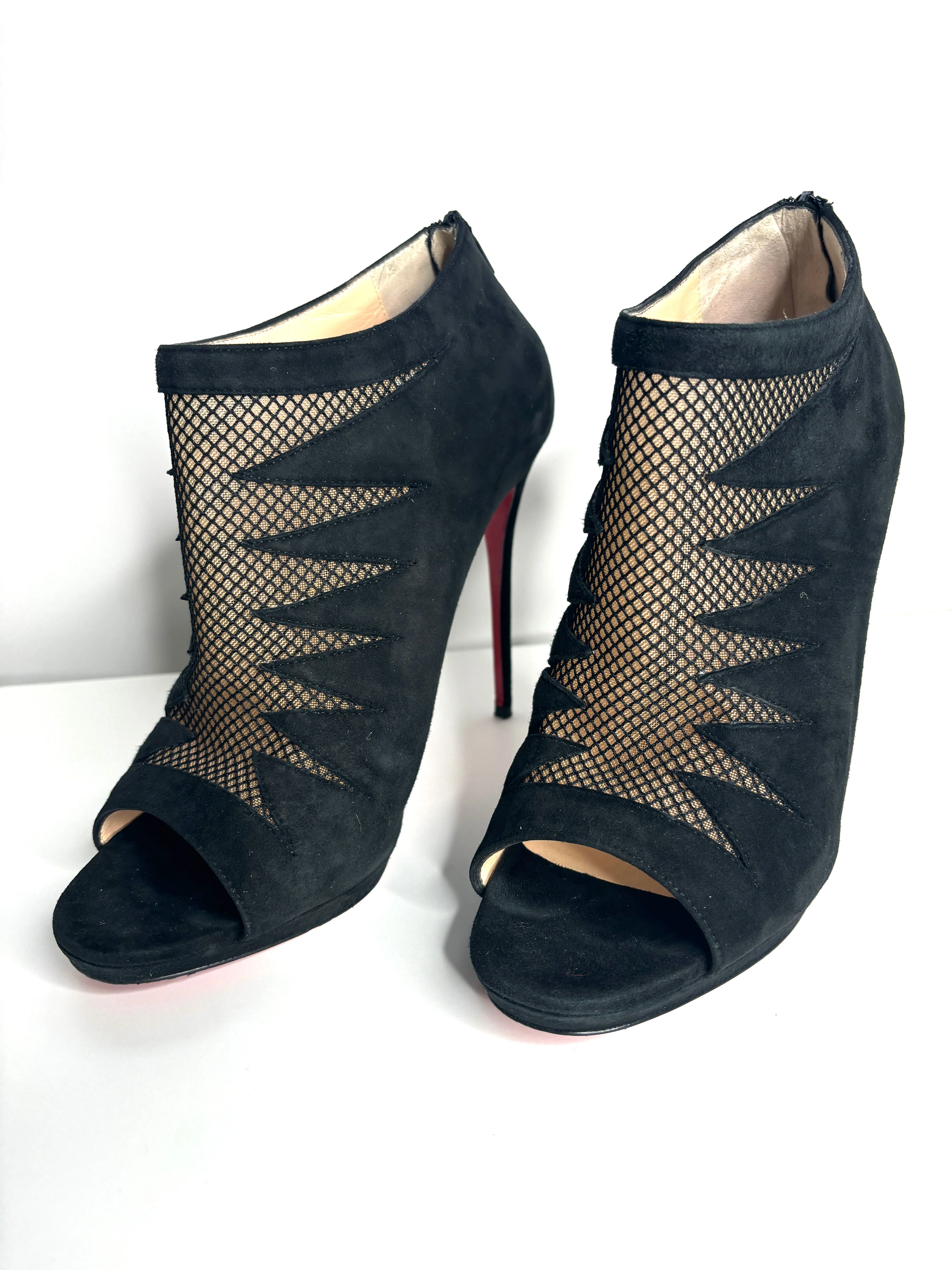 Christian Louboutin Disorder Black Suede Mesh Peep-Toe Booties 41.5 UK8.5