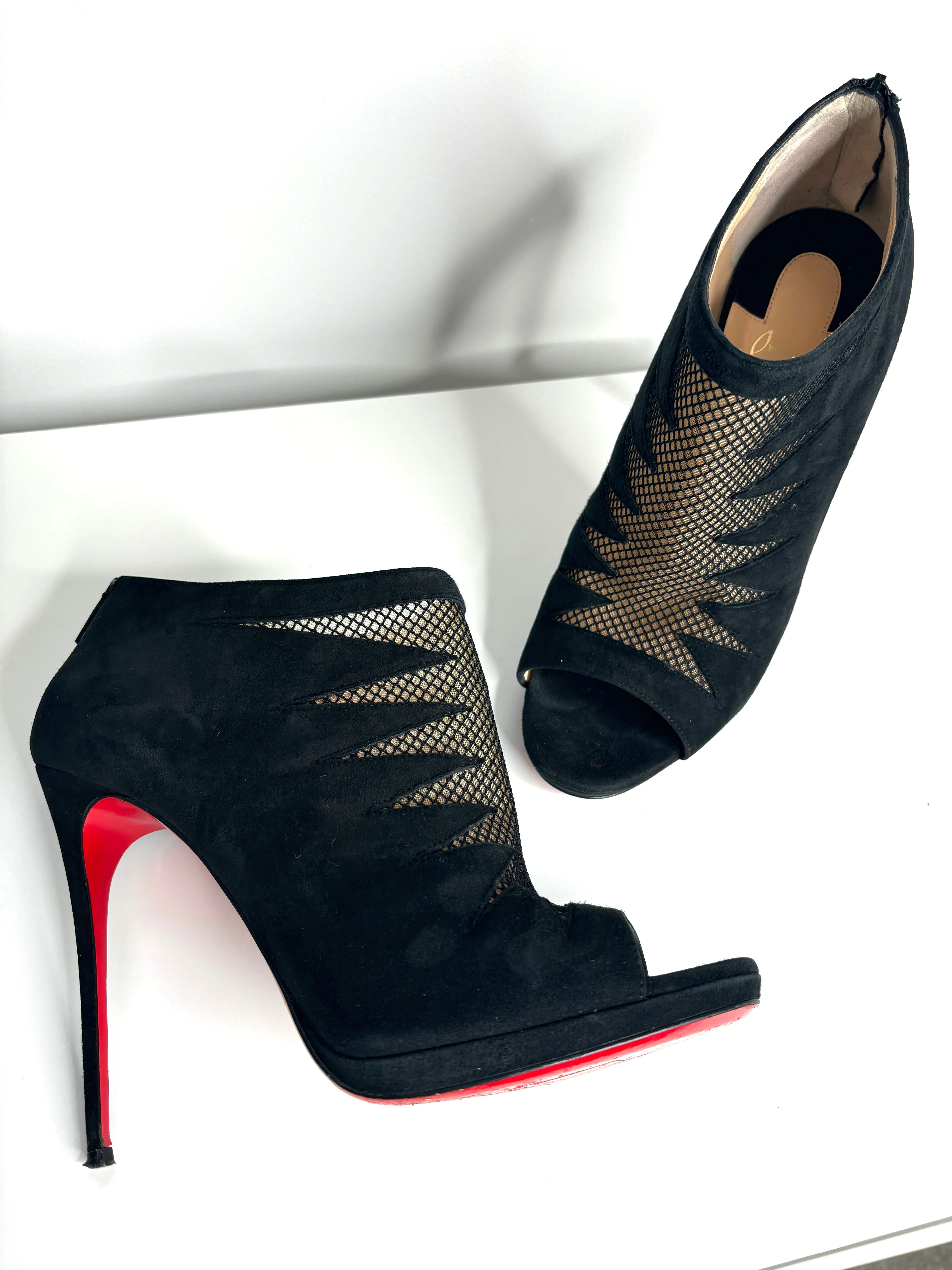 Christian Louboutin Disorder Black Suede Mesh Peep-Toe Booties 41.5 UK8.5