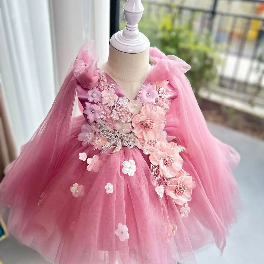 Cute sleeveless flower mesh baby birthday party girl princess dress