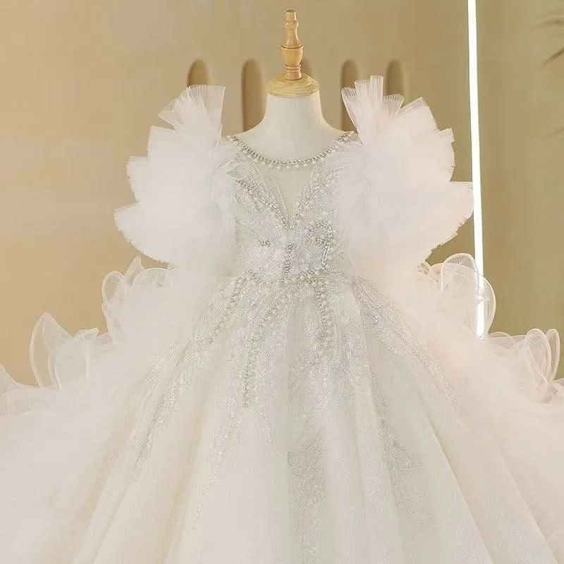 Fairy-like White Flower Girl Dress Luxurious Train Princess Dress