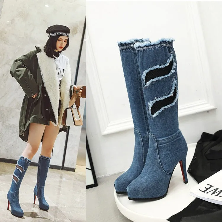Fine Heel Ultra High Heel Mesh Hole High Tube Elastic Denim Boots
