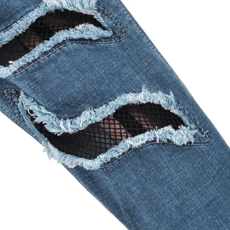 Fine Heel Ultra High Heel Mesh Hole High Tube Elastic Denim Boots