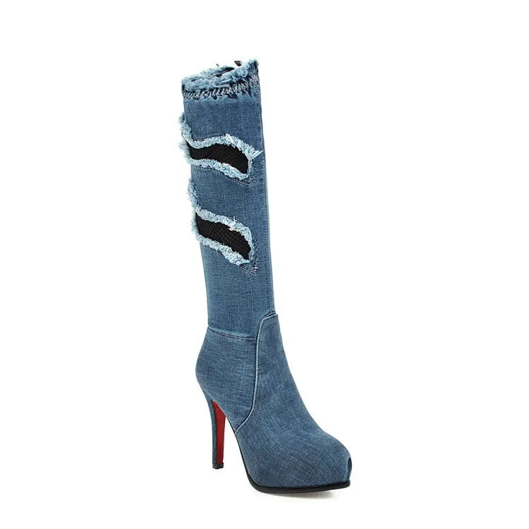 Fine Heel Ultra High Heel Mesh Hole High Tube Elastic Denim Boots