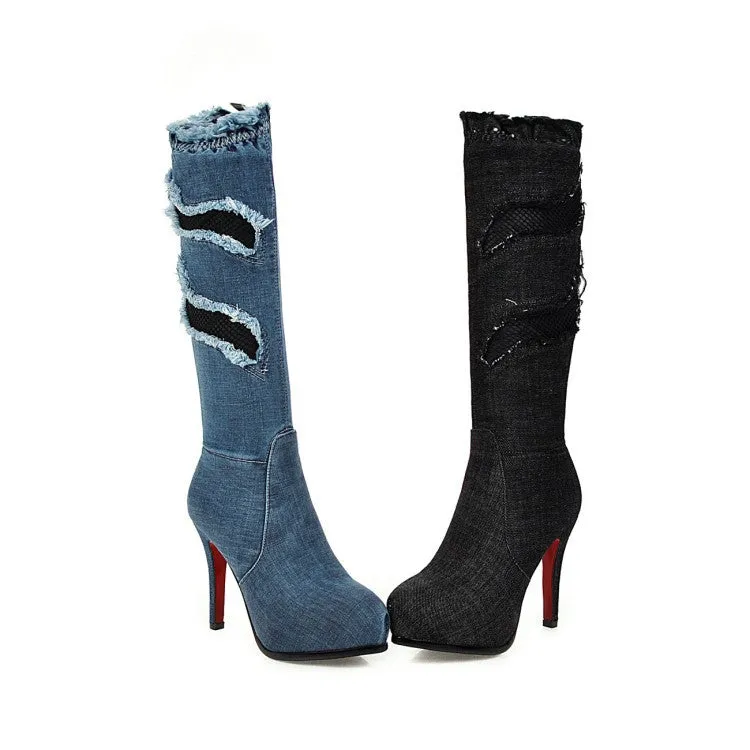 Fine Heel Ultra High Heel Mesh Hole High Tube Elastic Denim Boots