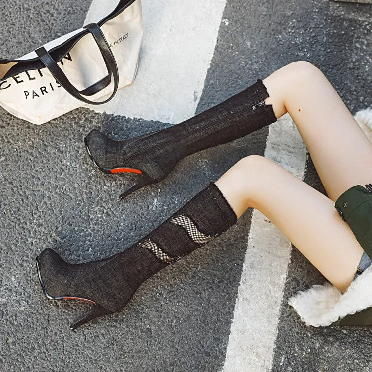 Fine Heel Ultra High Heel Mesh Hole High Tube Elastic Denim Boots