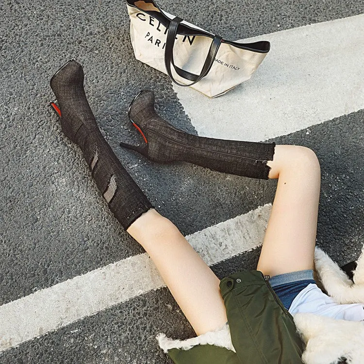Fine Heel Ultra High Heel Mesh Hole High Tube Elastic Denim Boots