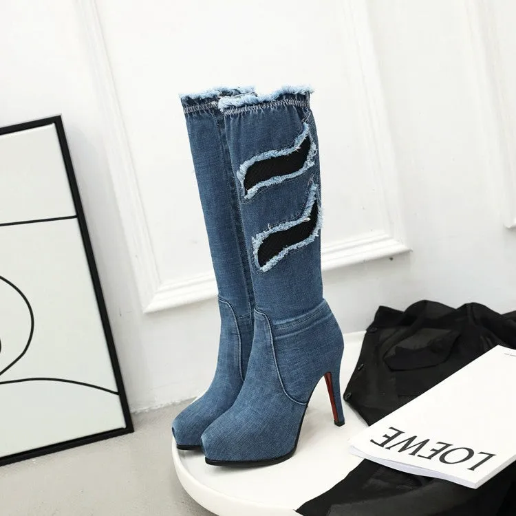 Fine Heel Ultra High Heel Mesh Hole High Tube Elastic Denim Boots