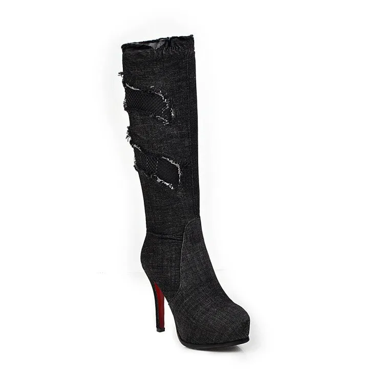 Fine Heel Ultra High Heel Mesh Hole High Tube Elastic Denim Boots