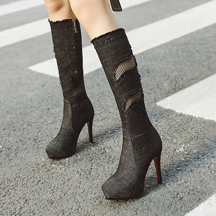 Fine Heel Ultra High Heel Mesh Hole High Tube Elastic Denim Boots