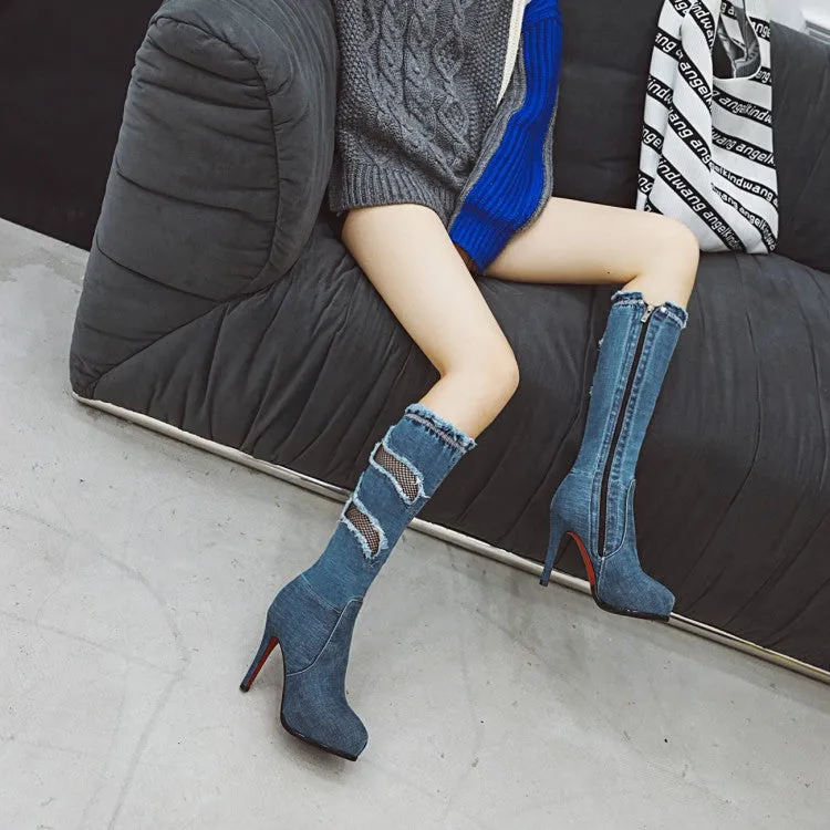 Fine Heel Ultra High Heel Mesh Hole High Tube Elastic Denim Boots