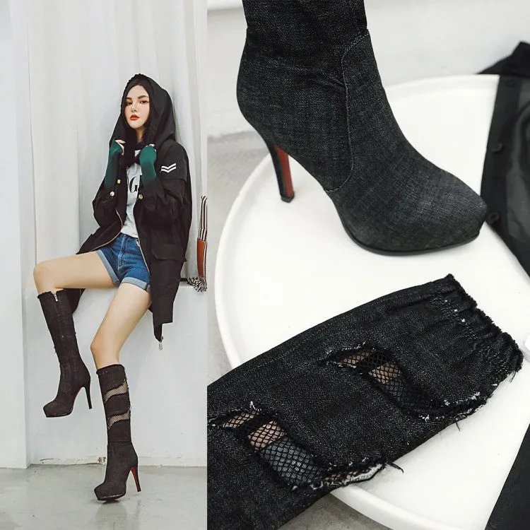 Fine Heel Ultra High Heel Mesh Hole High Tube Elastic Denim Boots
