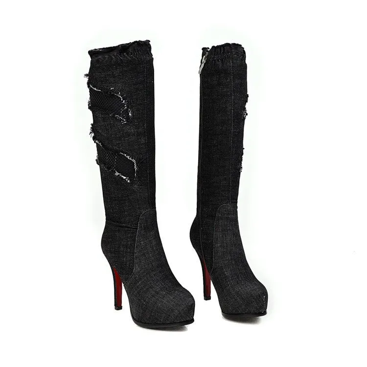 Fine Heel Ultra High Heel Mesh Hole High Tube Elastic Denim Boots