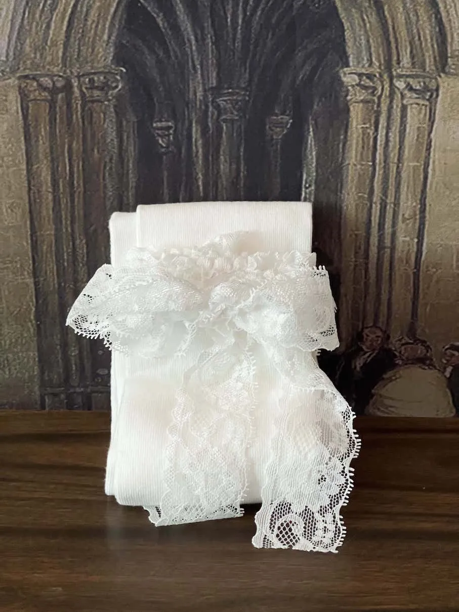 Historically Inspired Knee-High Stockings with Lace Trim in White