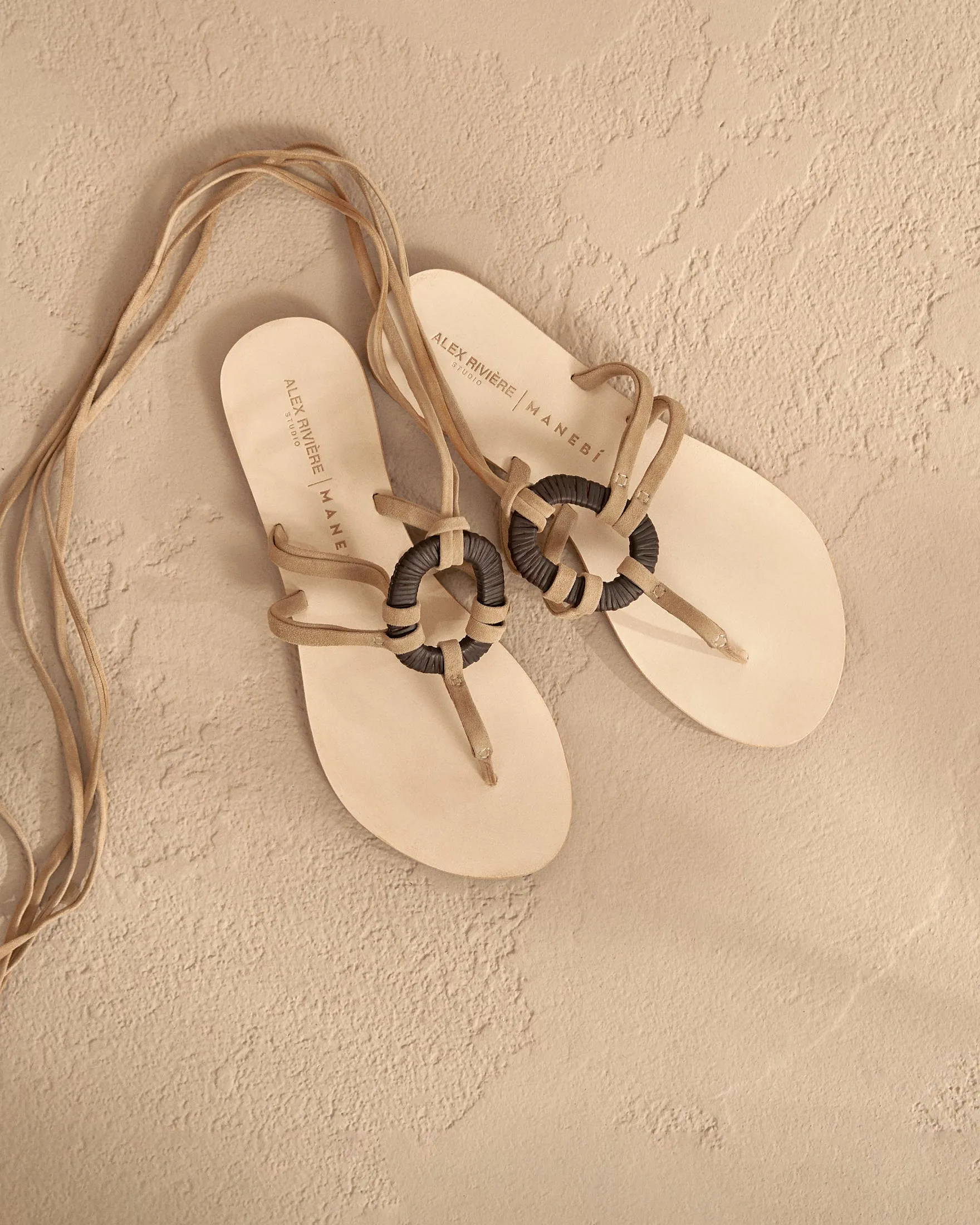 Mer Leather And Wood Effect|Lace-Up Ring Sandals - M06Y0 - Alex Rivière Studio x Manebí Champagne Beige